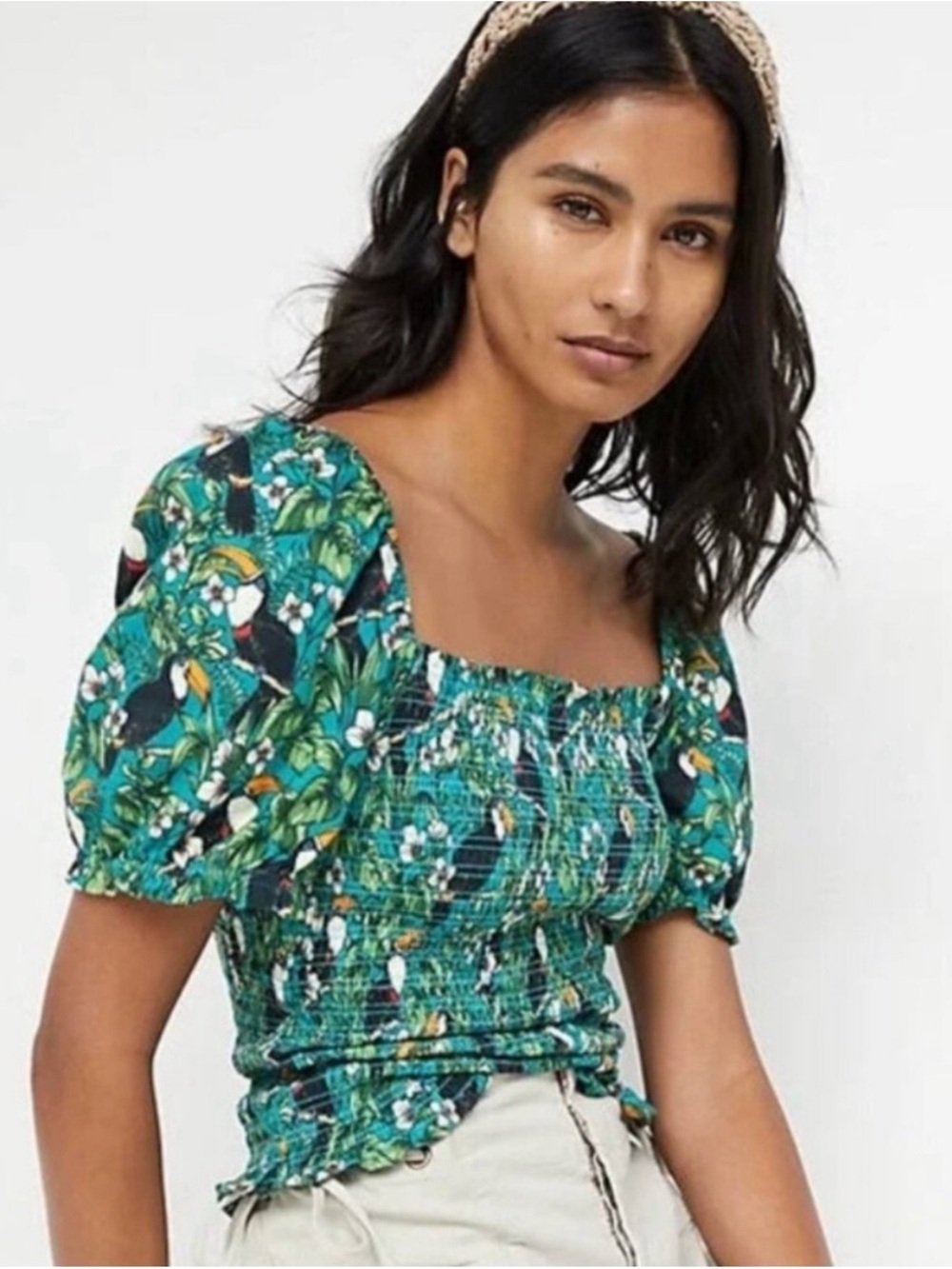 Anthropologie Dolan toucan Square Neck Puff Sleeve Top in Teal Botanical Print